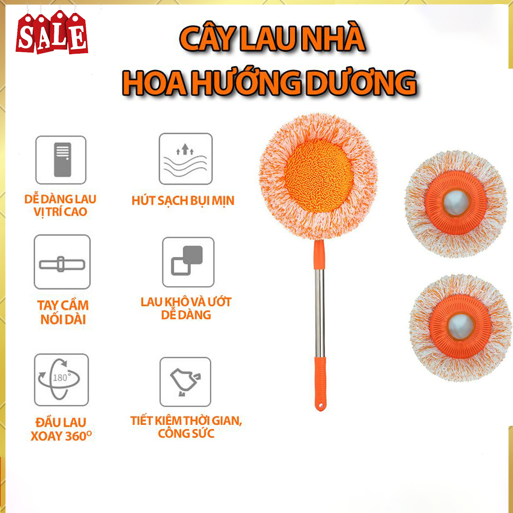 Cây Lau Nhà Hình Hoa Hướng Dương Đa Năng . Chổi Lau Trần Nhà, Chổi Quét Trần Nhà  Xoay 180 Độ Cán Inox