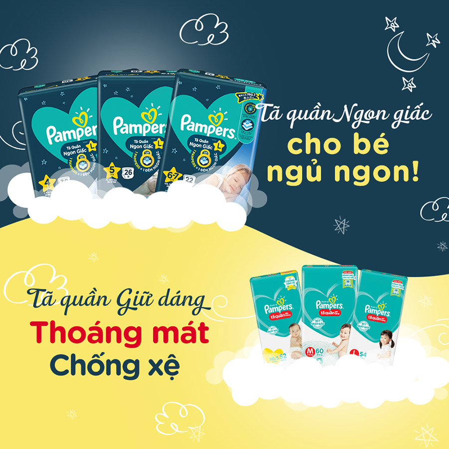 Combo 4 Tã/ Bỉm Quần PAMPERS Ngon Giấc, Size L/ XL/ XXL, Khô Thoáng Suốt Đêm