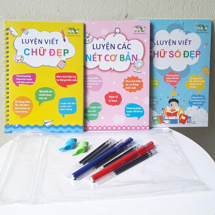 Bộ 3 cuốn vở viết tự xóa Thanh Nga: luyện nét cơ bản, luyện chữ, số đẹp kèm 03 bút, 09 ngòi và 03 đệm tay bút cho bé