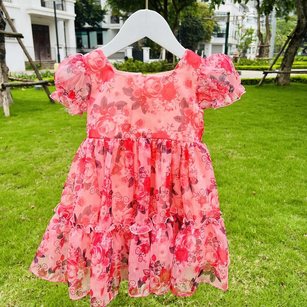 Váy bé gái đầm bé gái thiết kế voan hoa màu hồng cực xinh cho bé điệu đà đi chơi, đi biển từ 1-10 tuổi