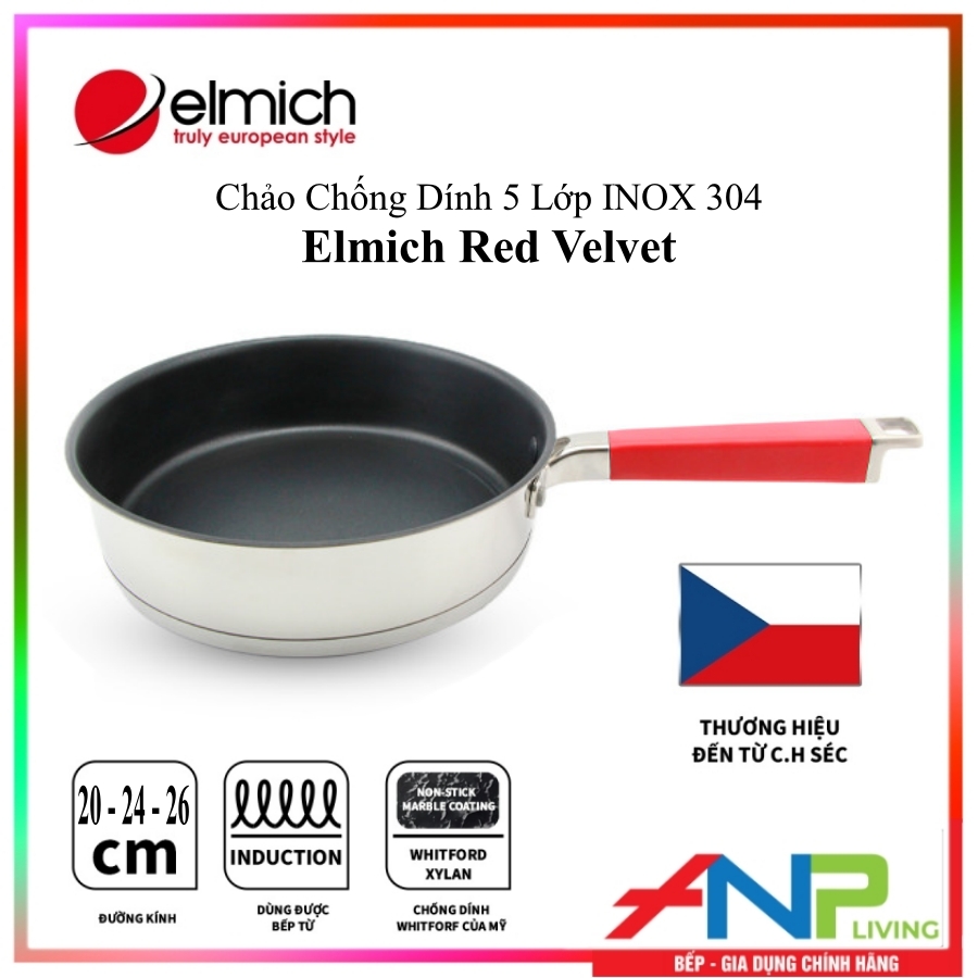 Chảo chống dính 5 đáy inox 304 Elmich Red Velvet (EL- 3249 Size 20cm, EL-3250 Size 24cm, EL-3251 Size 26cm) - Hàng Chính Hãng