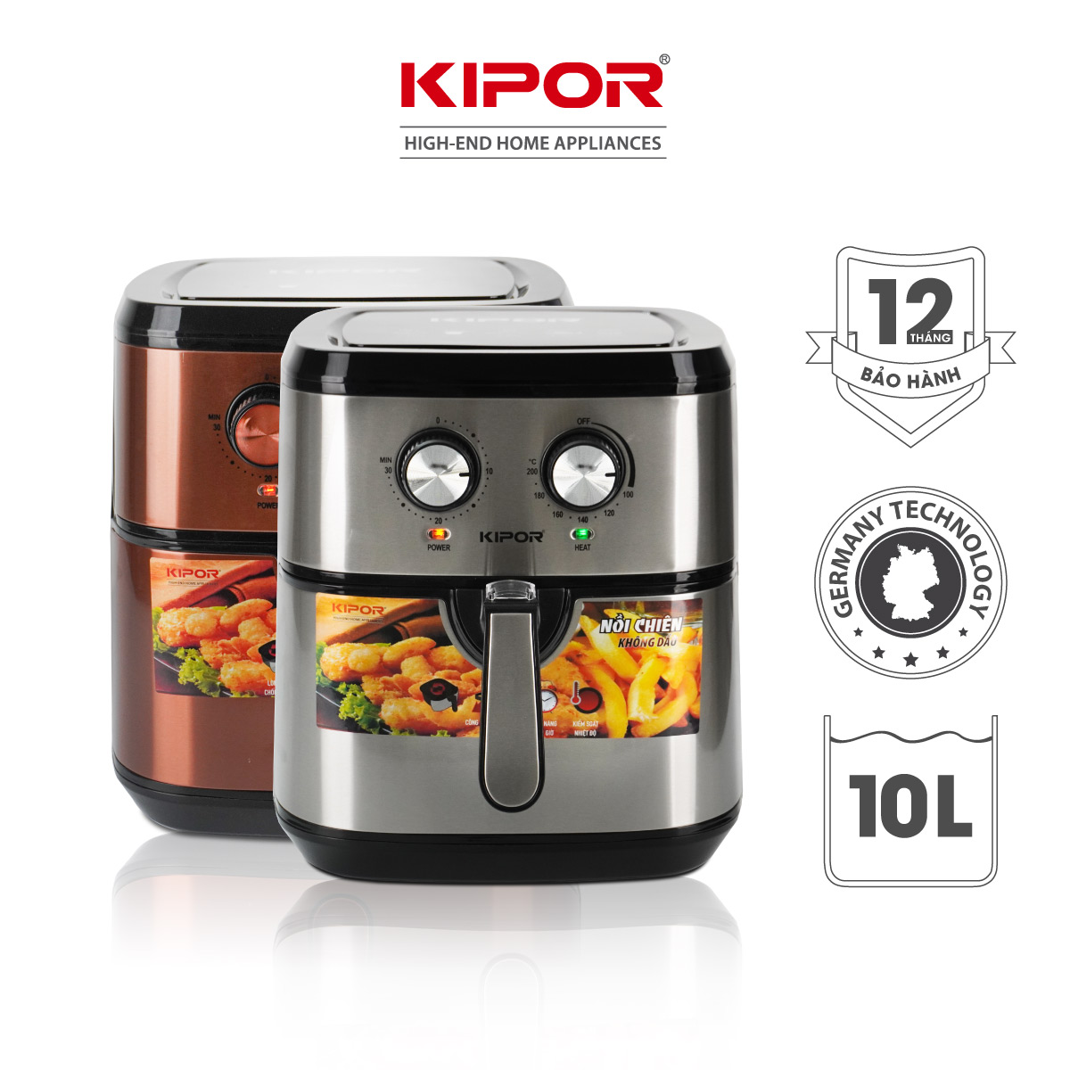 Nồi chiên không dầu KIPOR KP-AF310 - 10L - Điều khiển cơ công nghệ RAPID AIR nướng đối lưu - phủ chống dính cao cấp - Hàng chính hãng