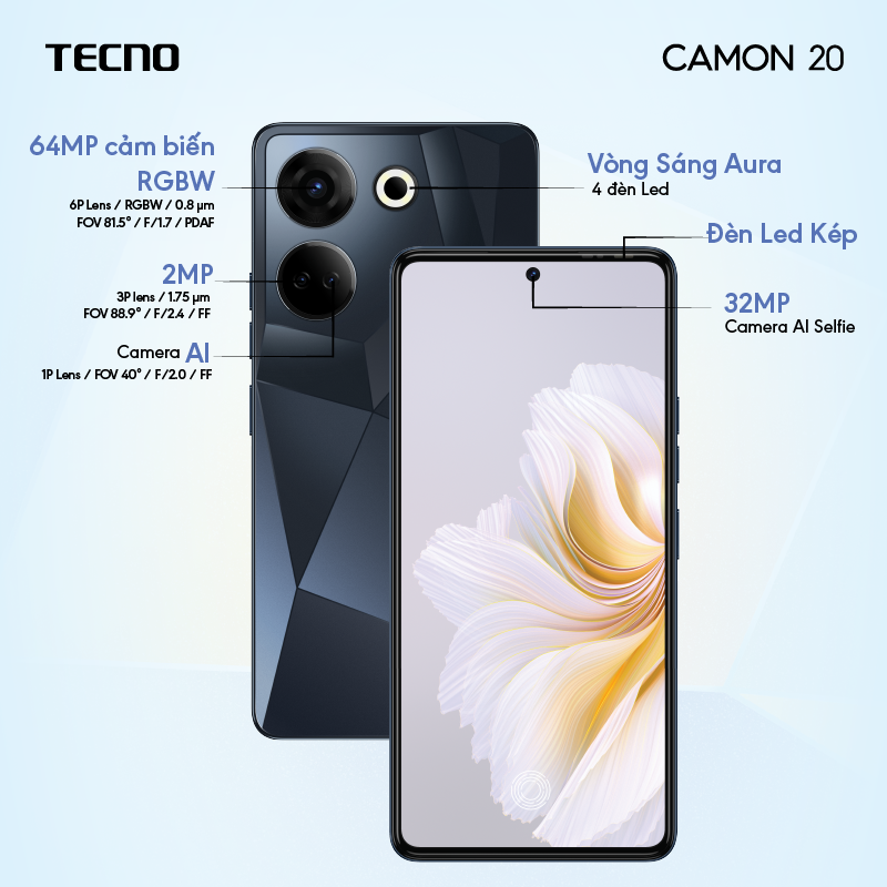 Hình ảnh Điện thoại Tecno CAMON 20 8GB/256GB - Camera 64MP + 32MP | 5000 mAh | Sạc nhanh 33W | 6.7'' FHD AMOLED - BH 13 Tháng - Hàng Chính Hãng