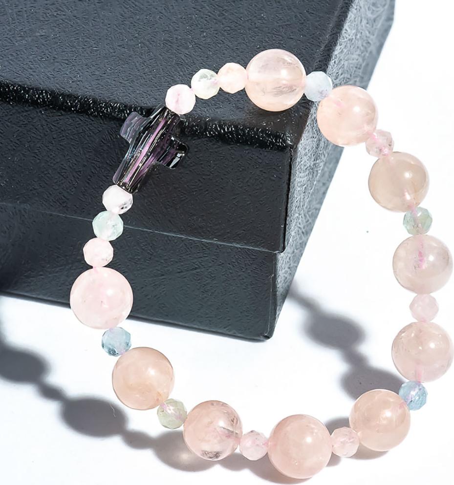 Vòng Chuỗi Mân Côi Beryl Hồng Mix Thánh Giá Pha Lê Vietgemstones - VCMCBER03