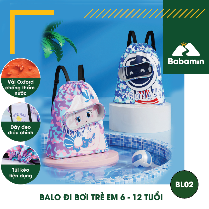 Balo Đi Bơi Trẻ Em 6 - 12 Tuổi Chống Thấm Nước, Babamin - Họa Tiết Hoạt Hình Dễ Thương - BL02