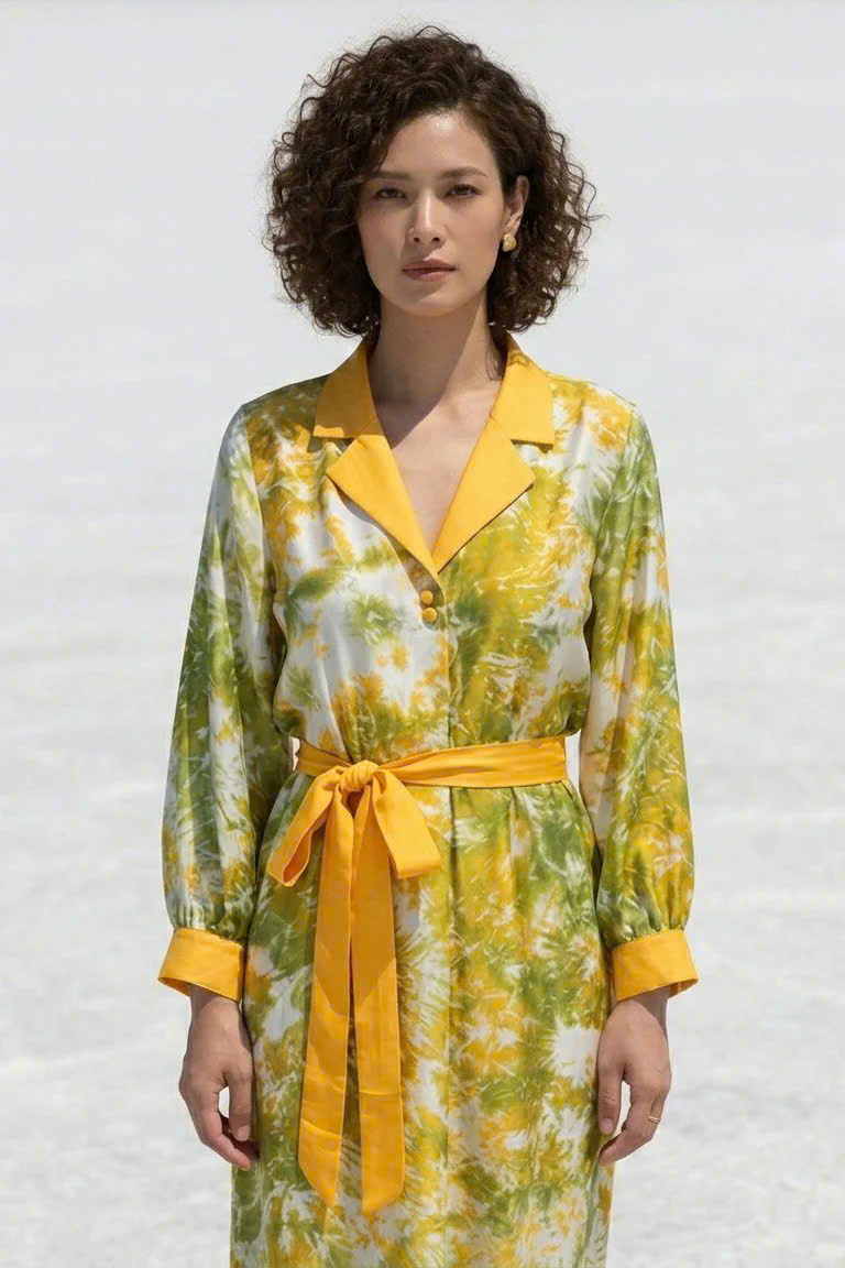 Đầm Midi Suông Cổ Ve Lụa Tơ Tằm Loang Màu Vân Kim Dre242 Thời trang thiết kế Hity