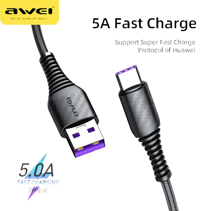 Dây cáp sạc truyền dữ liệu AWEI CL-69 USB Type-C 5A - Hàng nhập khẩu