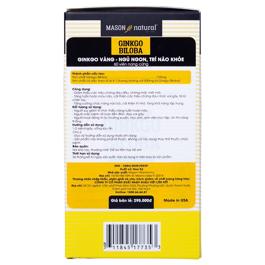 Viên Uống Mason Natural Ginkgo Biloba Hỗ Trợ Chức Năng Bộ Não, Hệ Thần Kinh 60 Viên