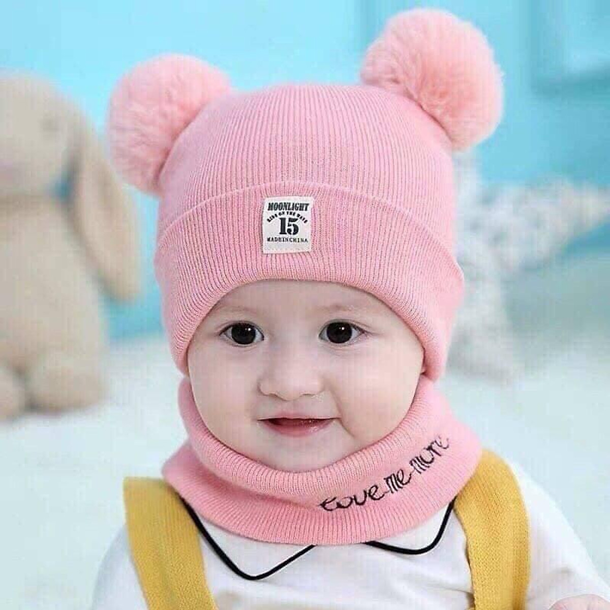 Set Mũ Len Kèm Khăn Quả Bông Cho Bé 