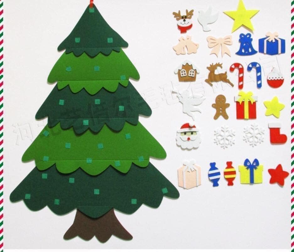 Cây thông Noel mẫu mới bằng vải dạ 3D thiết kế treo tường kèm các sticker dính lên cây trang trí tùy ý, dễ dàng giặt sạch tái sử dụng được nhiều năm