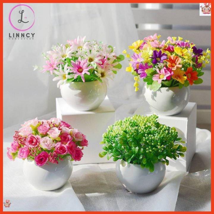 Chậu tròn hoa giả mini cắm sẵn để bàn nhiều mẫu cao 15cm