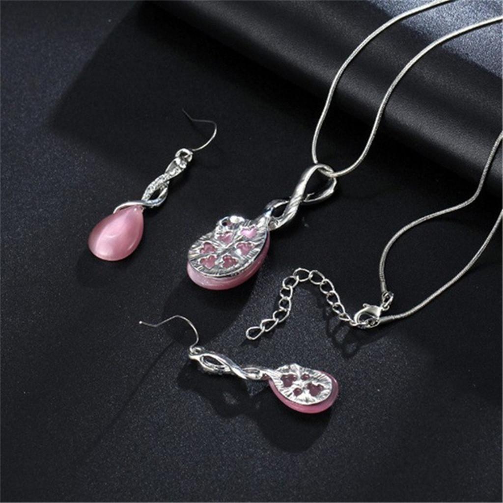 Necklace Earrings Set Waterdrop Teardrop Bridal Jewelry Set Pink + Pink