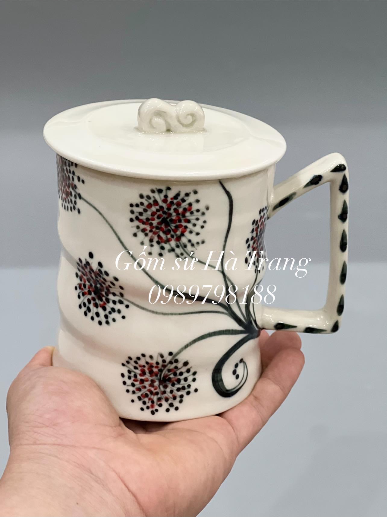 Cốc vuốt tay xuất dư dung tích lớn 500ml gốm sứ Bát Tràng vẽ tay
