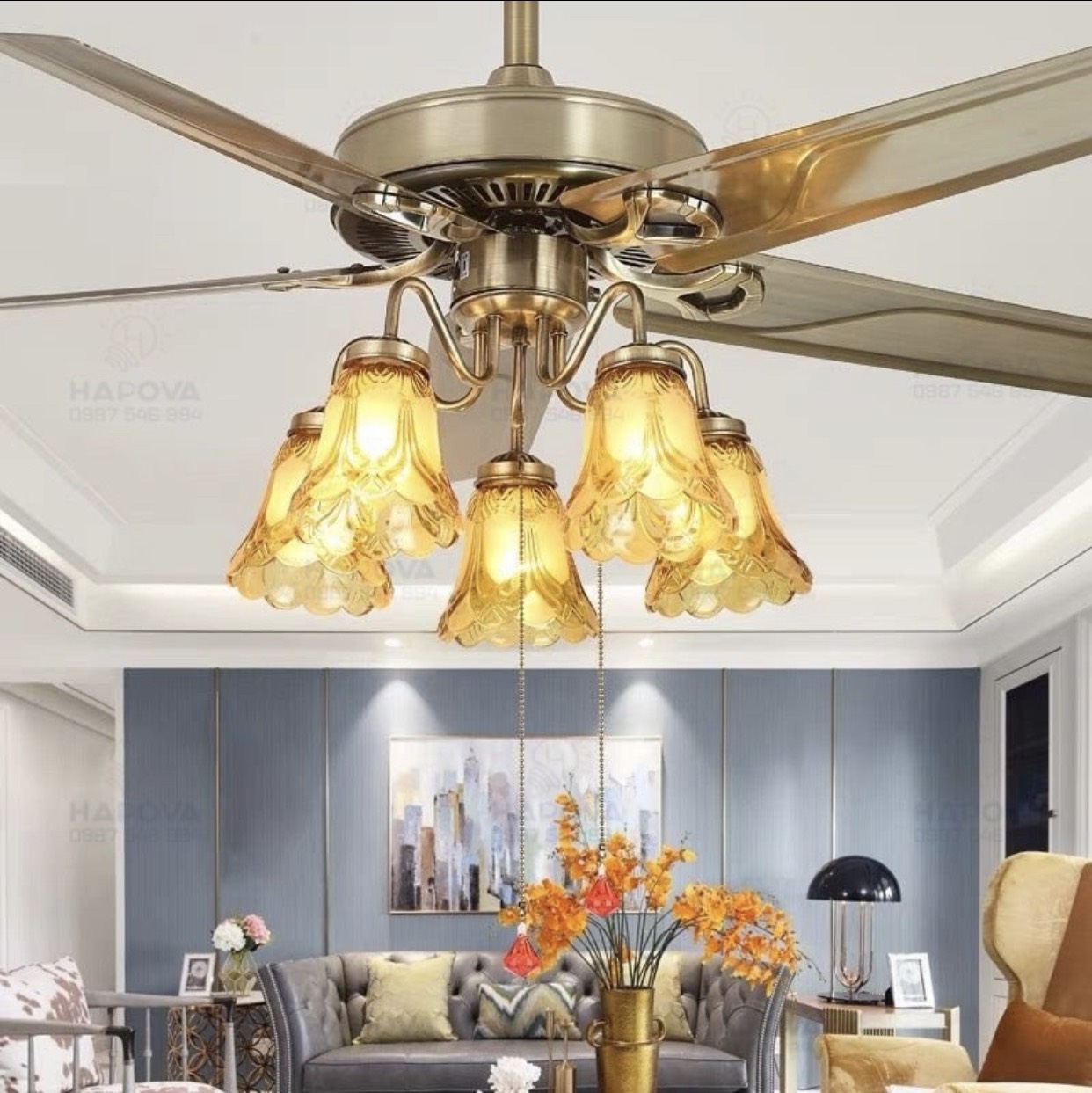 Quạt trần có đèn cánh thép năm đèn 52KSI - 597