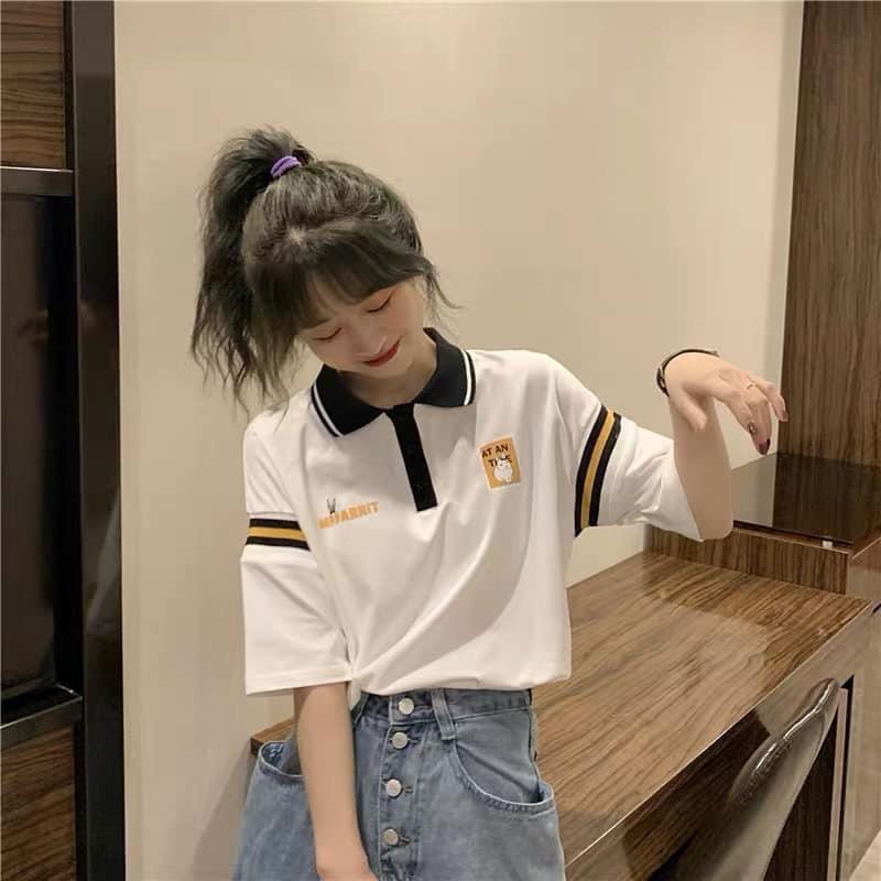 Áo Polo Nữ Rabbit Phối Màu Cộc Tay Cổ Bẻ Dáng Rộng