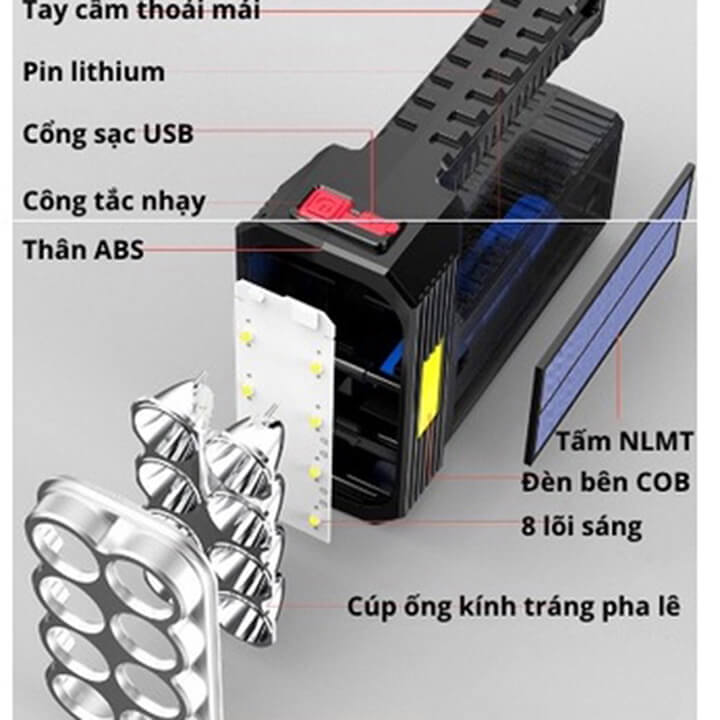 Đèn pin cầm tay siêu sáng 8 bóng Led chiếu xa 300m chống thấm nước, pin trâu, đèn pin sạc tích điện năng lượng mặt trời