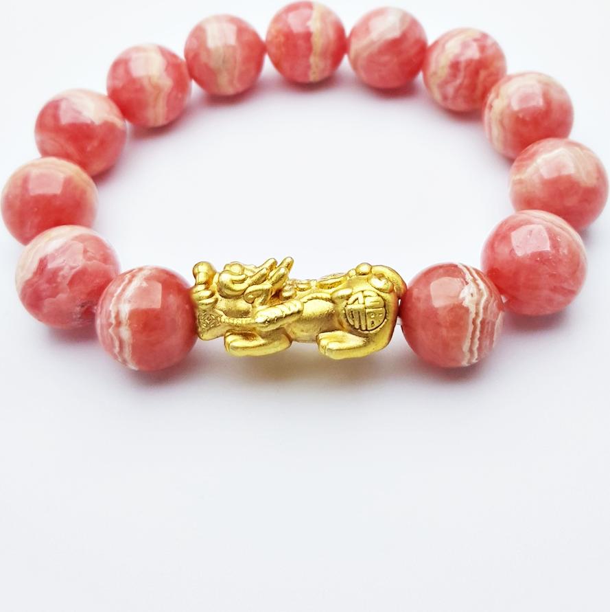 Vòng Tay Tỳ Hưu Đá Đào Hoa Rhodochrosite Tự Nhiên 14mm