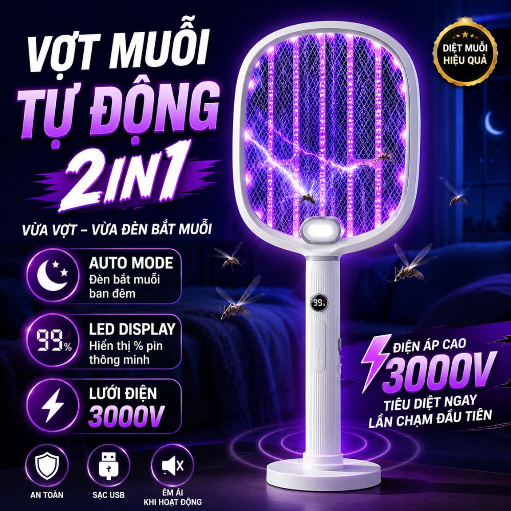 Vợt Bắt Muỗi Tự Động Kachi MK462 – Tích Hợp Đèn Bắt Muỗi, Màn Hình LED Thông Minh - hàng chính hãng