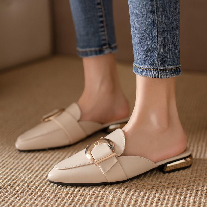 Genuine genuine soft leather Baotou half slippers women's summer 2021 new versatile outdoor slippers women's summer wear