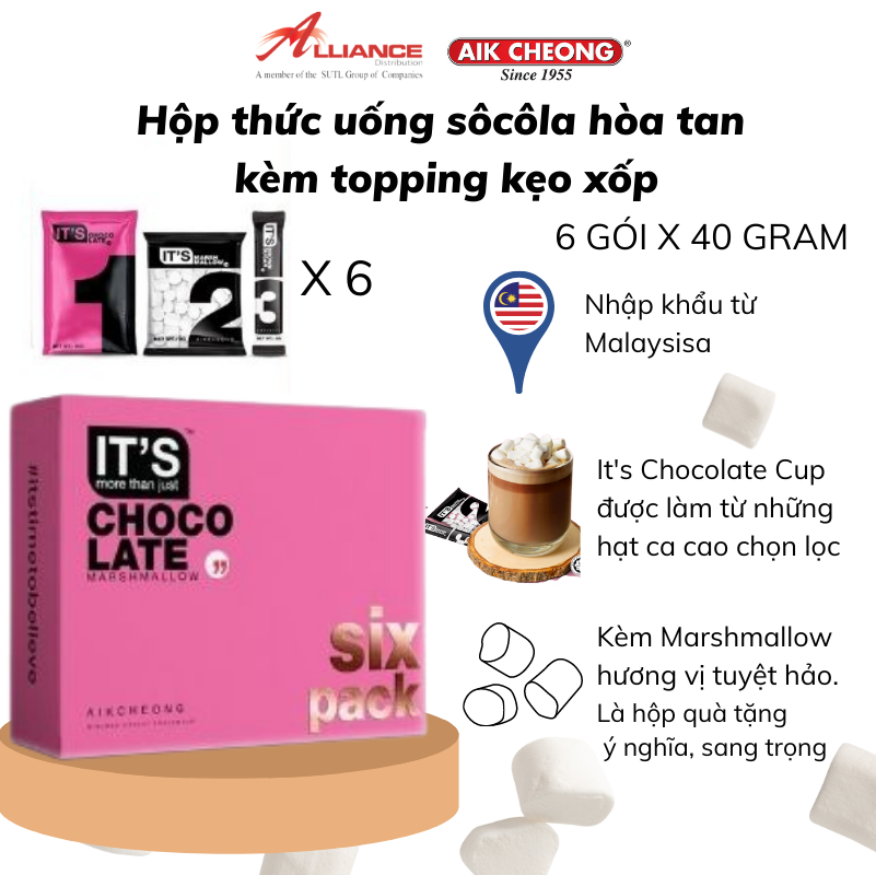 [Chính hãng-Sản Phẩm Mới] Hộp thức uống sôcôla hòa tan kèm topping kẹo xốp Aik Cheong Chocolate Marshmallow 318g (6 Gói)