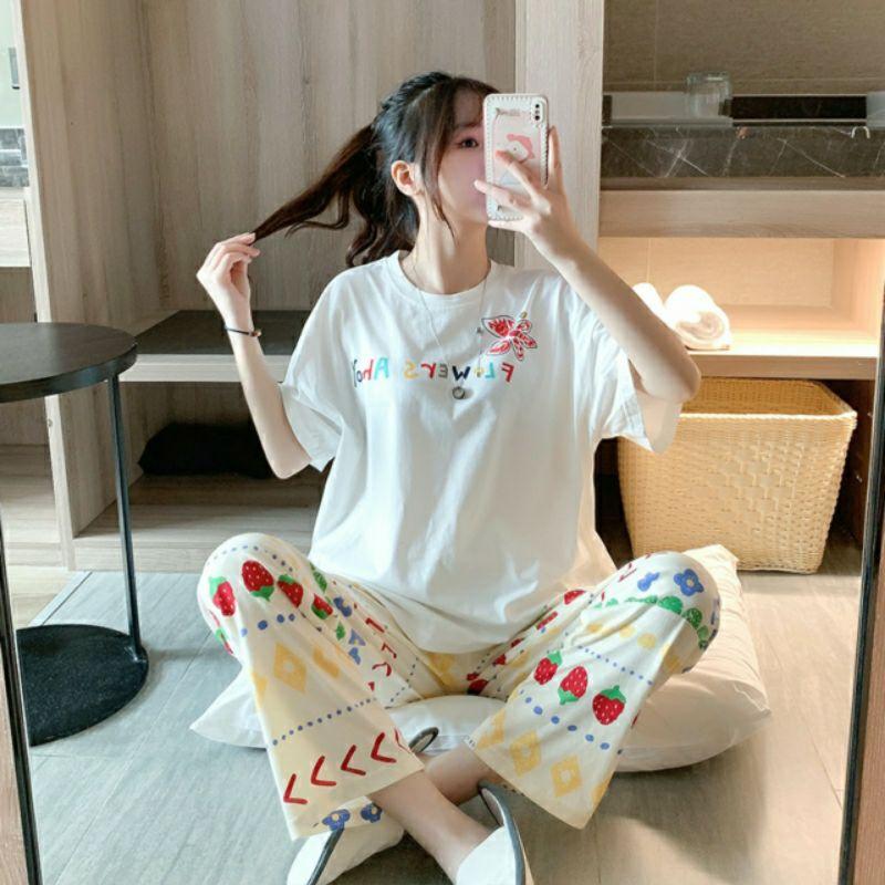Bộ ngủ nữ mặc nhà quần dài áo cộc tay cute đáng yêu Đồ bộ thun quần dài, đồ mặc ở nhà Quảng Châu, họa tiết hình dễ thương