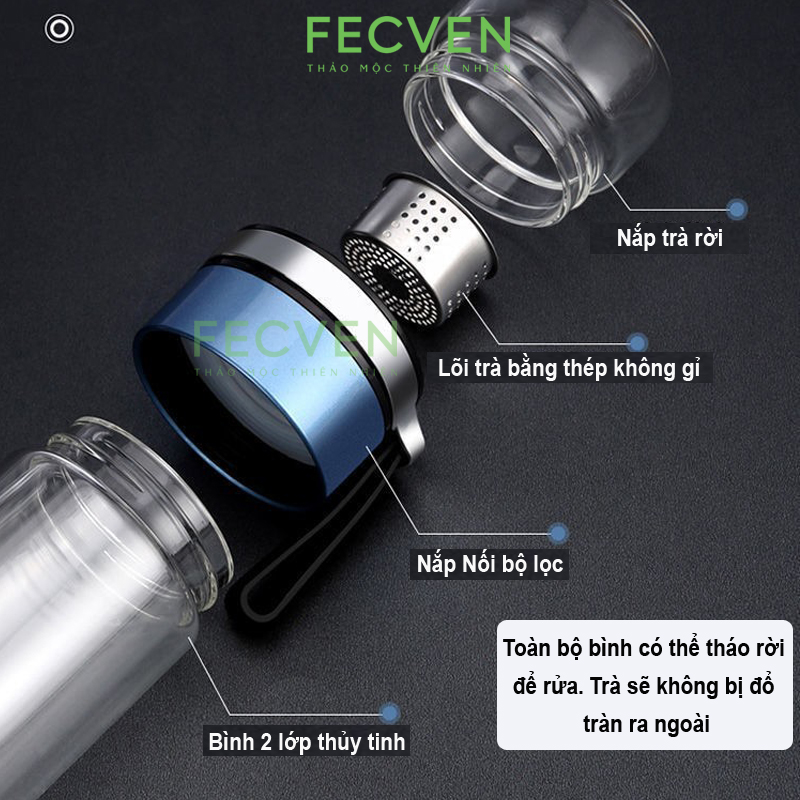 Bình Thủy Tinh Pha Trà 2 Lớp Có Lõi Lọc, Quai Xách Silicon Bền Bỉ, Dung Tích 420ml Fecven