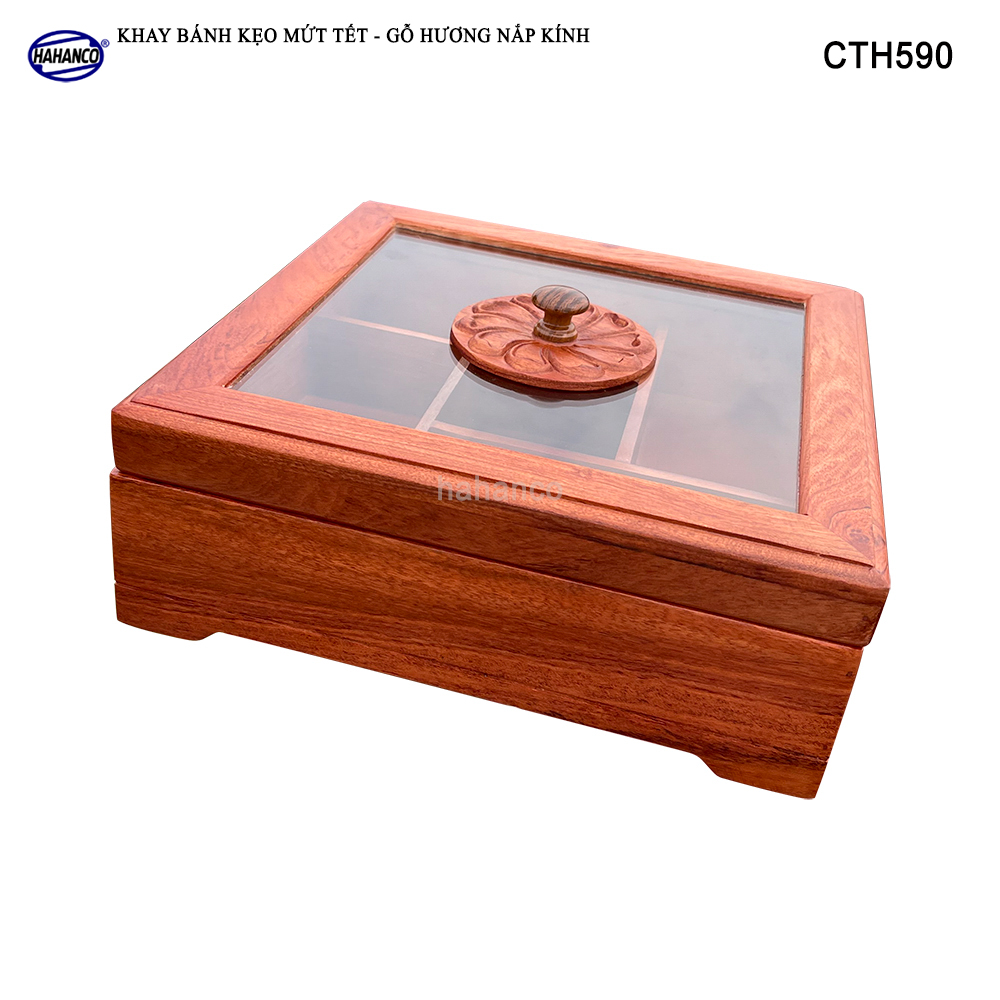 Khay Bánh Kẹo Mứt Tết Gỗ Hương Nắp Kính Vuông Trong Suốt Thiết Kế Trang Trọng - CTH590