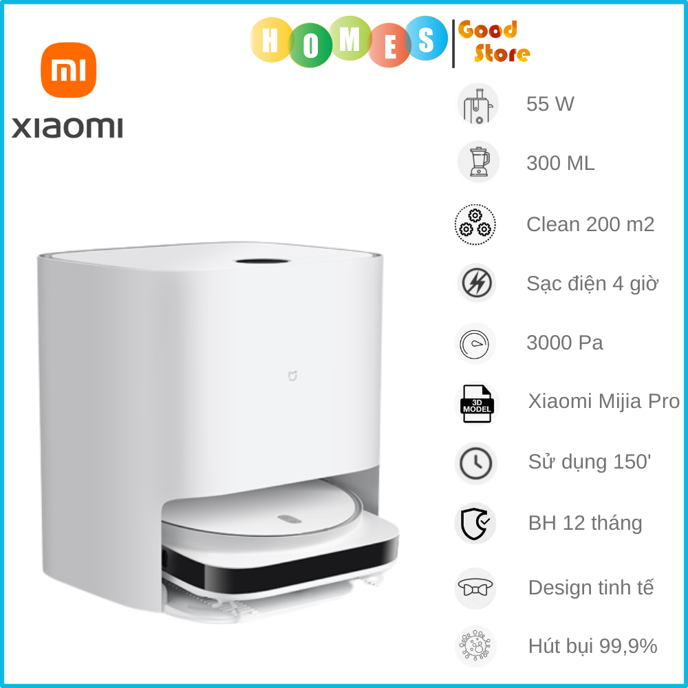 Robot Hút Bụi Lau Nhà Xiaomi Mijia Omni Global Tự Động Đổ Rác Tự Giặt Sấy Giẻ Khí Nóng Camera Ai Trí Tuệ Nhân Tạo Diện Tích 200 m2 - Hàng Nhập Khẩu