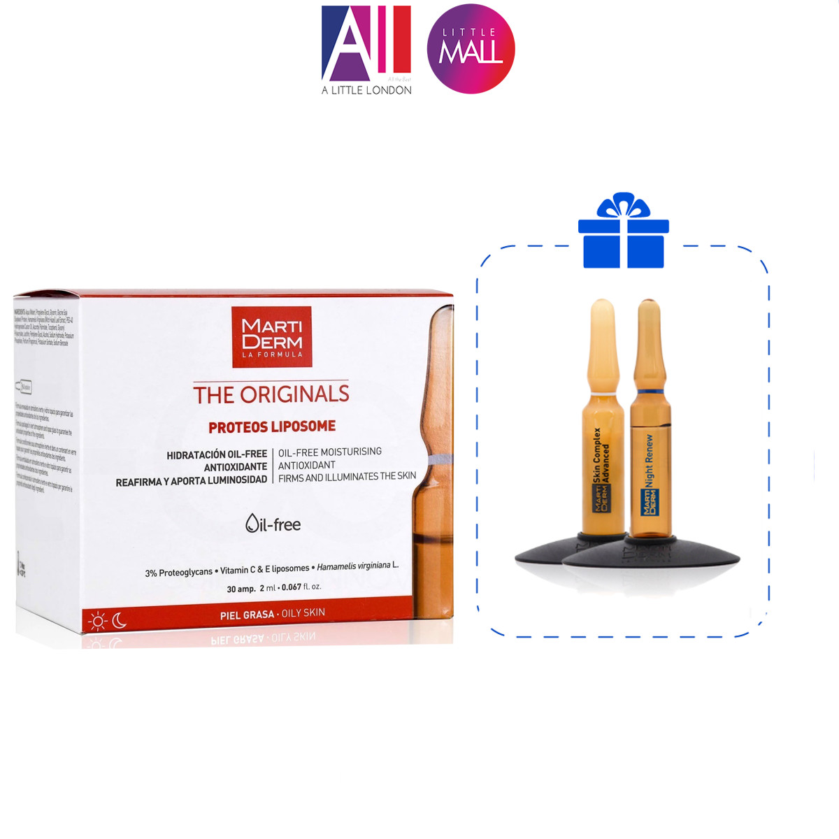Tinh chất ngừa oxy hoá, phục hồi, điều tiết bã nhờn MartiDerm the originals proteos liposome - Hộp 30 ống 2ml TẶNG tinh chất Martiderm