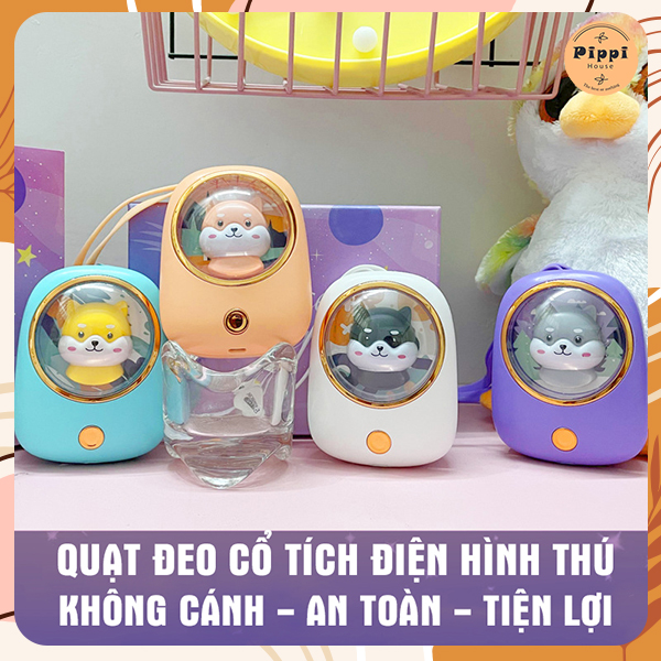 Quạt Điện Mini Đeo Cổ Hình Thú Cưng Dễ Thương Không Cánh An Toàn Cho Bé Giải Nhiệt Ngày Hè