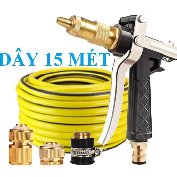 Bộ dây vòi xịt nước rửa xe, tưới cây . tăng áp 3 lần, loại 15m 206236 đầu đồng, cút đồng+ tặng mở chai