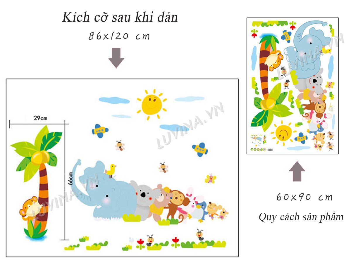 Decal dán tường Thú kéo dừa và thú qua cầu - HP497
