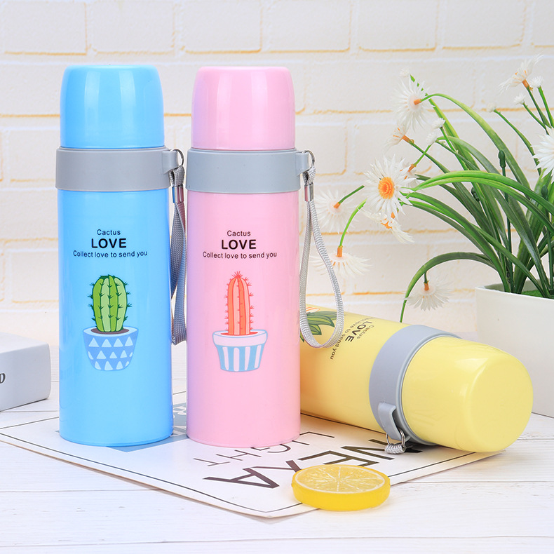 Bình Nước Thủy Tinh Giữ Nhiệt Bọc Nhựa Họa Tiết Cây Xương Rồng, Chữ Cactus Love 500ml