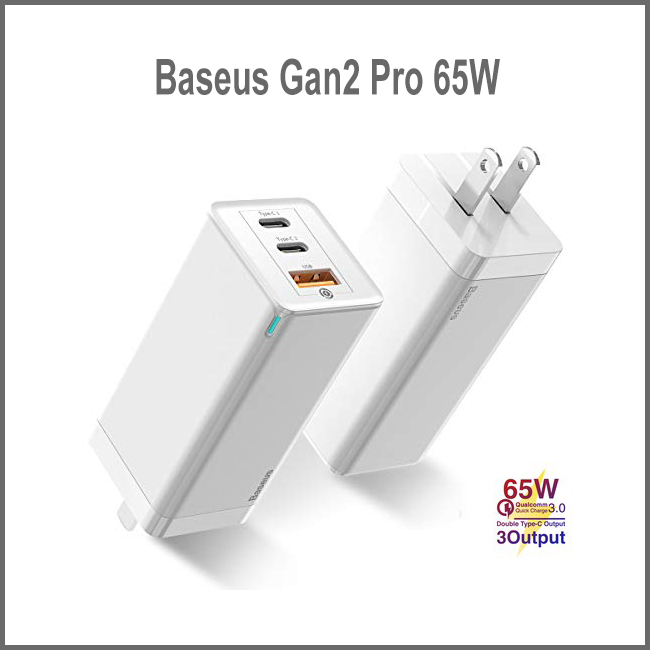 Củ Sạc Nhanh Baseus GaN2 Pro Quick Charger 65W Màu Trắng (Type C x 2 + USB, Dùng được cho Macbook và iPhone) - Hàng Chính Hãng