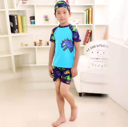Bộ Đồ Bơi Khủng Long Xanh Dành Cho Bé Trai CaoTừ 85cm - 125cm chất vải Polyeste thân thiện với trẻ em - Tặng kèm nón bơi vải cùng màu - Xanh  - 2XL