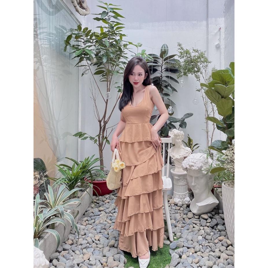 Đầm váy maxi voan tầng trắng nude kem hồng cổ V Ivy.fashion đi biển dự tiệc dạo phố bigsize gợi cảm sexy