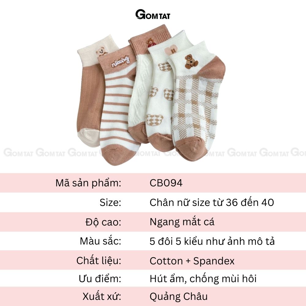 Set 5 đôi tất nữ cổ ngắn GOMTAT họa tiết hình gấu dễ thương, vớ nữ cổ thấp chất liệu cotton mềm mịn thoáng mát êm chân - CB094