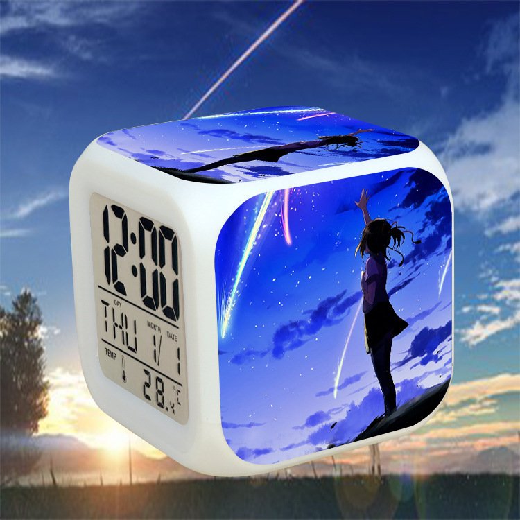 Đồng hồ báo thức để bàn in hình YOUR NAME KIMINONAWA đèn LED đổi màu anime chibi xinh xắn