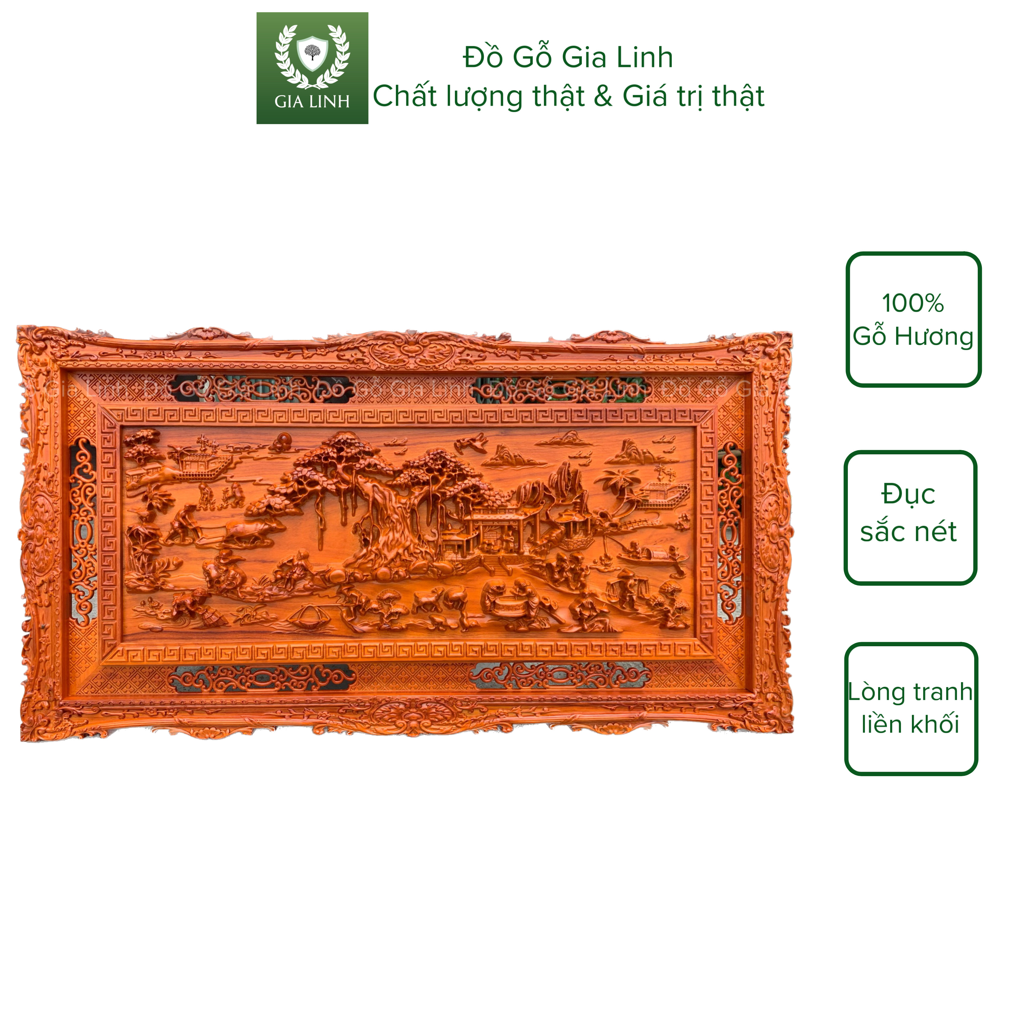 Tranh Đồng quê Đồ Gỗ Gia Linh chạm khung gỗ Hương đỏ KT 127cm x 67cm x 4cm