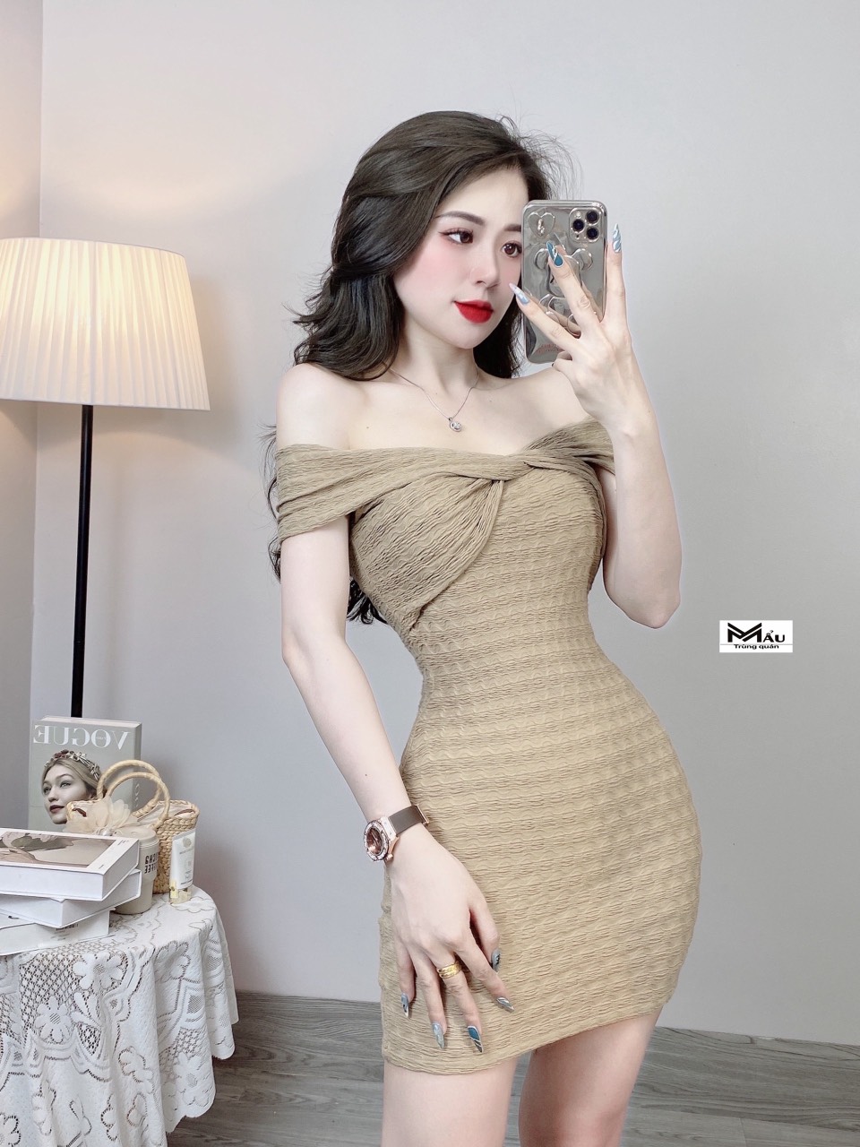Váy trễ vai xoắn ngực bèo chun, đầm thiết kế dáng ôm cực tôn dáng