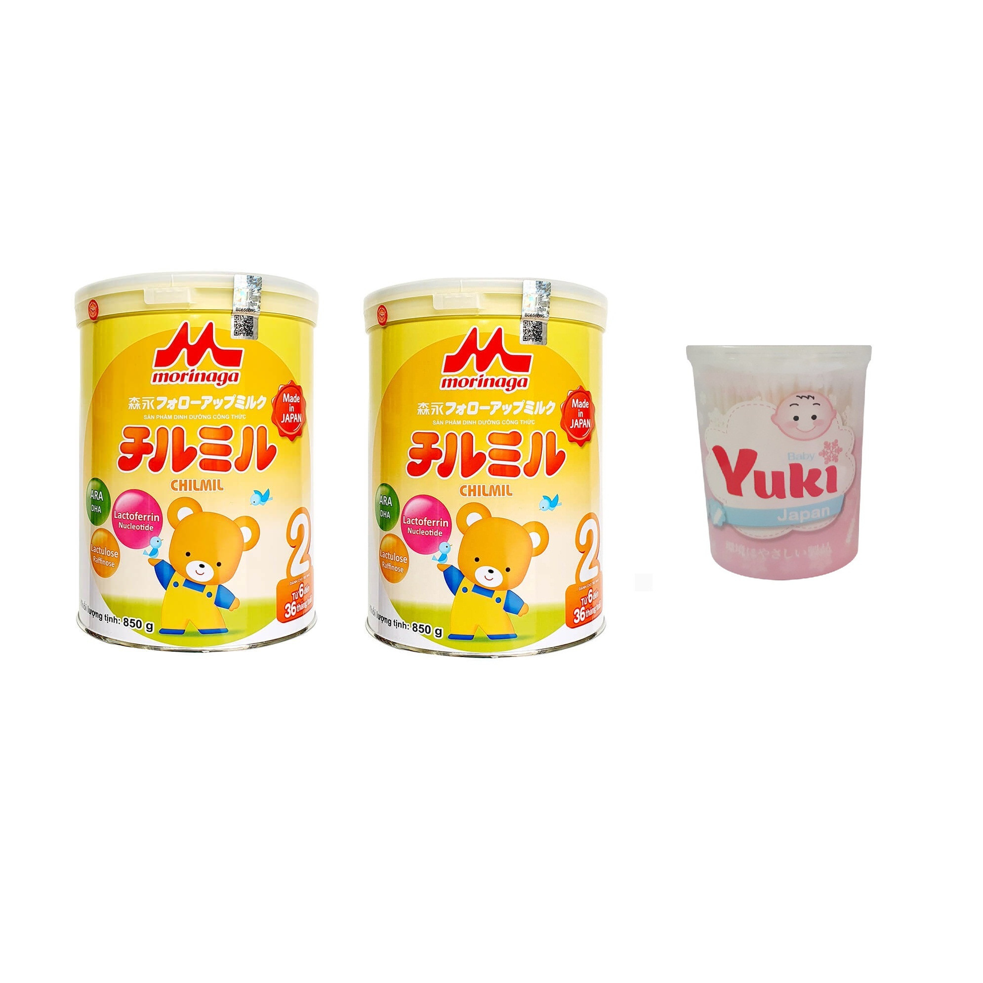 Combo 2 Hộp sữa Morinaga Chilmil 850g số 2 mẫu mới + 1 hộp tăm bông Yuki Nhật Bản 180 c