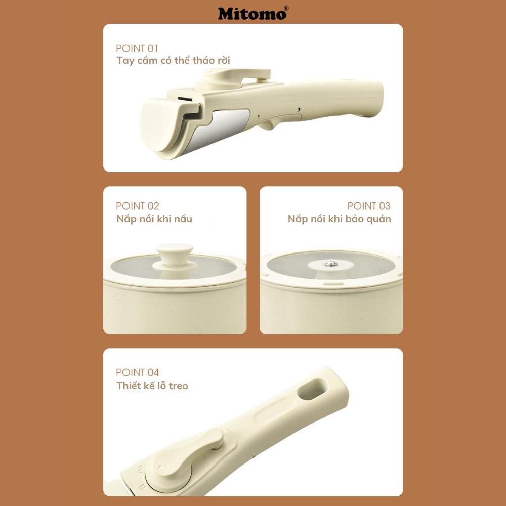 Bộ nồi chảo đá gốm Mitomo chống dính cao cấp 5 món có tay cầm tháo rời, dùng cho mọi loại bếp - Hàng chính hãng