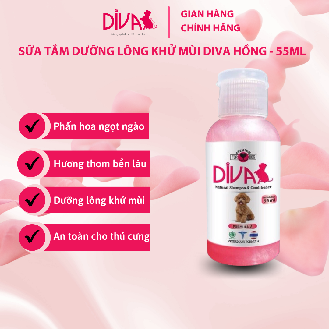 SỮA TẮM CHÓ DƯỠNG LÔNG KHỬ MÙI DIVA HỒNG 55ML (DIVA FORMULA 2)