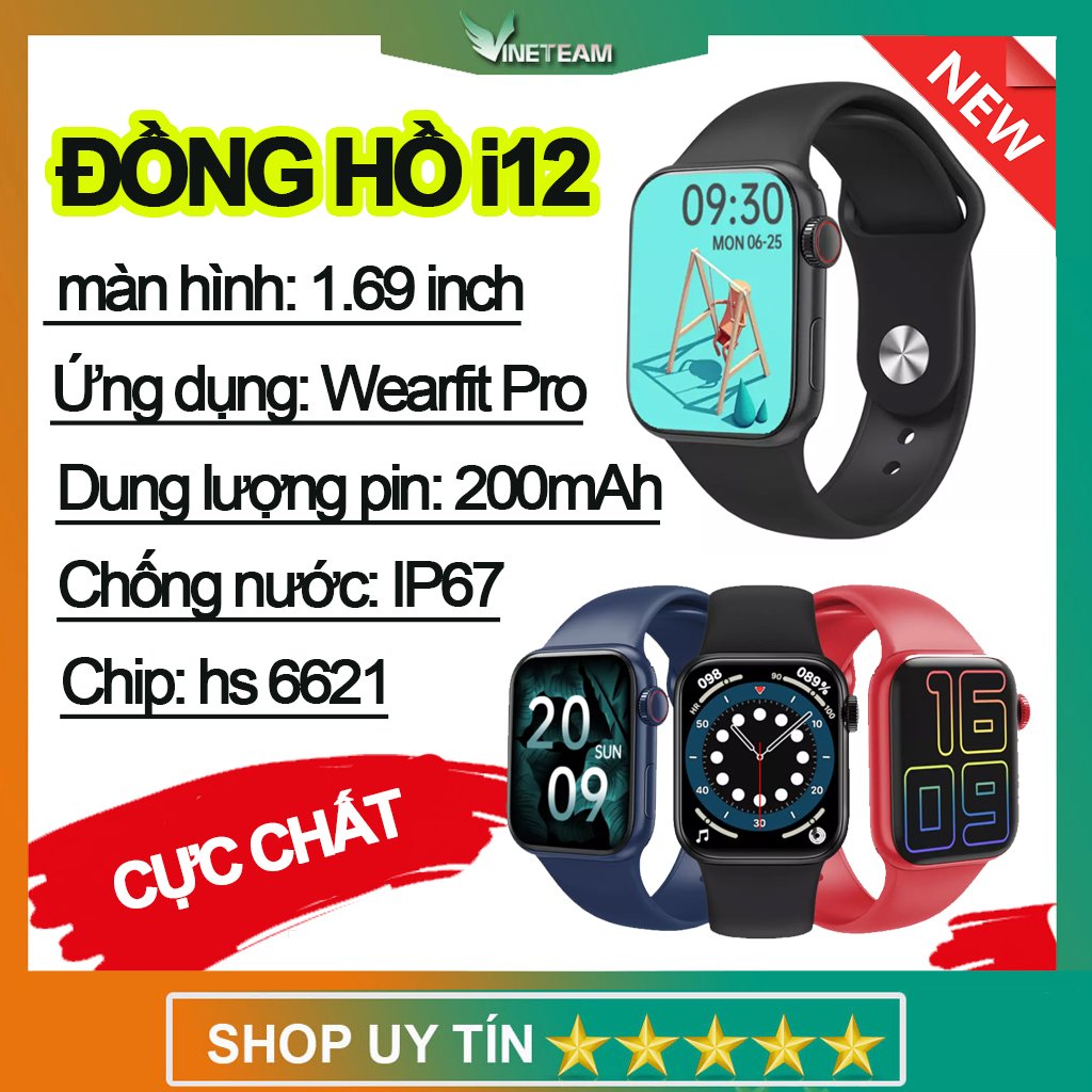 VINETTEAM Đồng hồ thông minh chống nước SMART WATCH I12 Series 6 Kết nối bluetooth Chống Nước IP67 Nghe Gọi Za.lo Theo Dõi Sức Khỏe  có tiếng việt - Hàng chính hãng