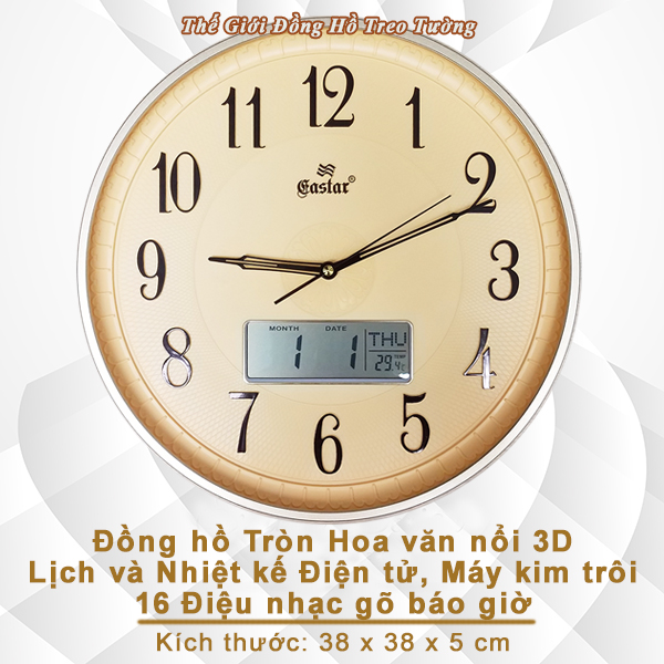 Đồng hồ Treo tường NHẠC CHUÔNG BÁO GIỜ EASTAR Kim Trôi có 16 ĐIỆU NHẠC GÕ, Lịch Vạn Niên và Nhiệt Kế Điện tử - Tặng 4 Pin Maxell