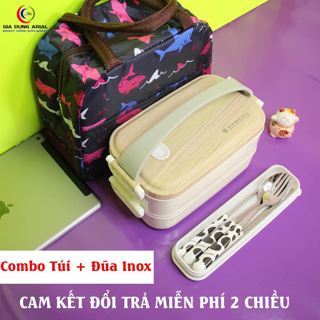 Hộp Đựng Cơm Và Thức Ăn 2 Tầng Kèm Túi Và Bộ Đũa Thía Inox Có Hộp Đựng