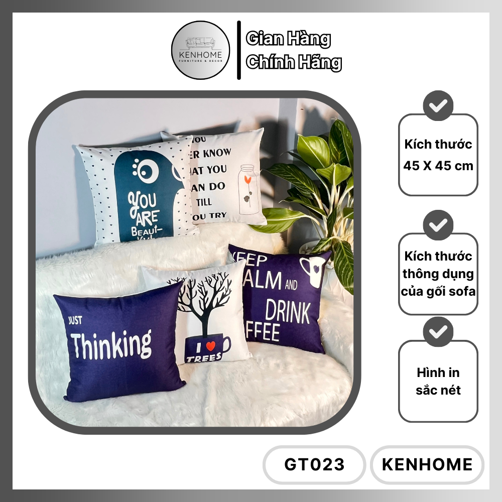 Gối Sofa Thinking Và Coffee - Gối Tựa Lưng Sofa Họa Tiết Đơn Giản Trang Trí Nhà Cửa, Cà Phê - Vải Bố Cao Cấp - Kích Thước 45x45cm