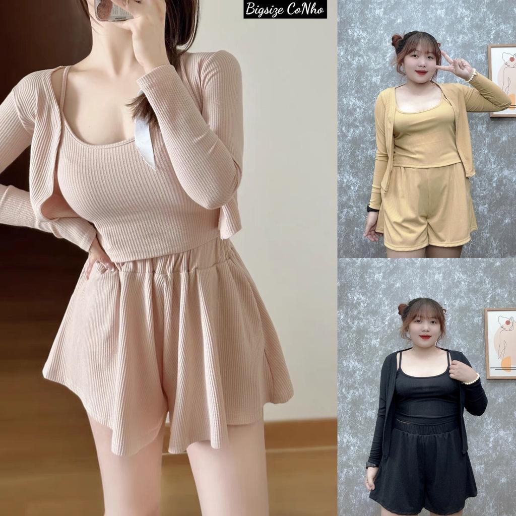 Set 3 món bigsize nữ gồm áo khoác ngoài và áo dây và quần đùi lưng thun chất liệu gân co giã mát mẻ SET12