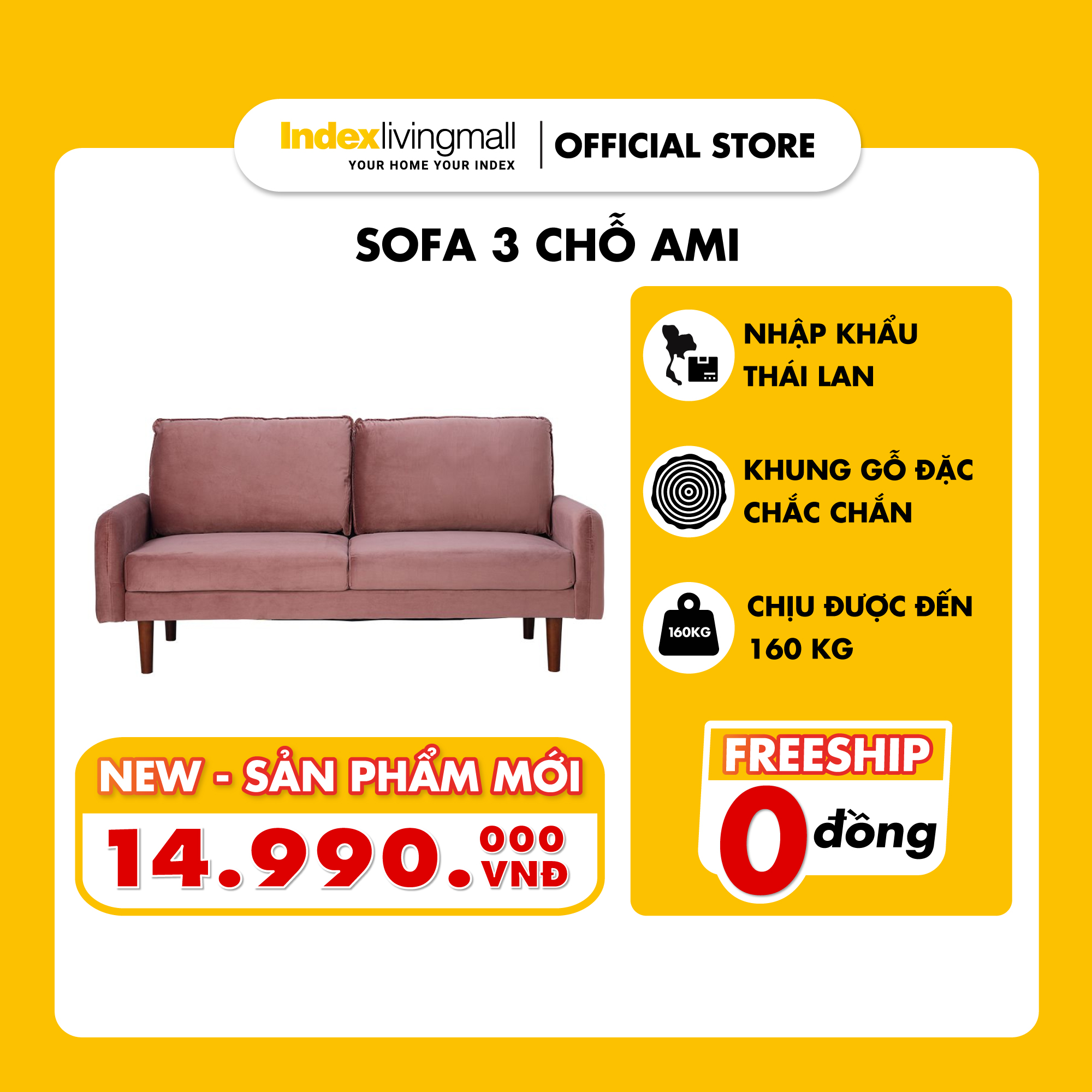 Sofa 3 Chỗ AMI Chất liệu vải nhung Thiết kế hiện đại phù hợp cho mọi không gian | Index Living Mall | Nhập khẩu Thái Lan