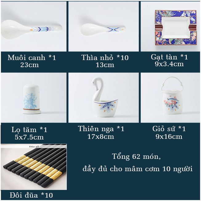 Bộ bát ăn cơm SỨ XƯƠNG Giang Tây cao cấp 62 chi tiết - Bộ chén ăn cơm sang trọng, tinh tế - Bát đĩa mỏng nhẹ nhưng cứng trong và cách nhiệt tốt. Mã GS20